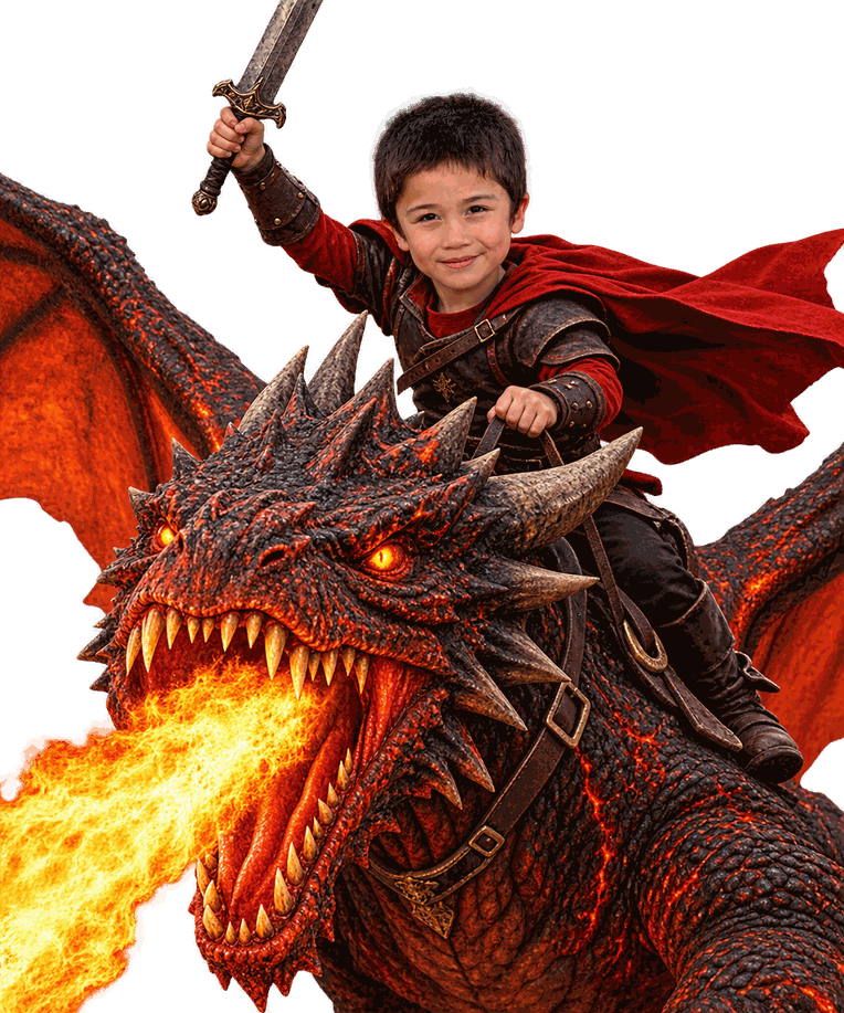 Jack in armor and a red cape riding a fire-breathing dragon